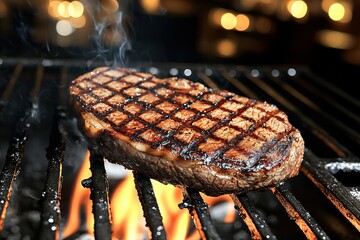 Delicious juicy steak grilling on a barbecue with flames and smoke, ready to be served, with crosshatch pattern and perfect grill marks for a tasty meal.