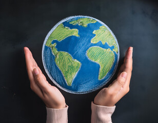 Close-up of hands holding a chalk-drawn Earth, symbolizing world harmony, environmental protection and Earth Day