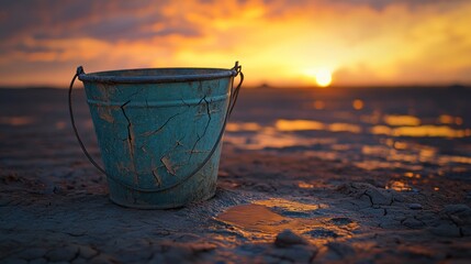 Dusty teal bucket at sunset on muddy field