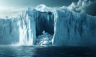 A stunning view of towering icebergs against a serene sky, reflecting on calm waters, showcasing the beauty of polar landscapes
