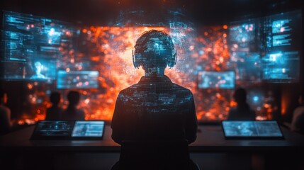 Data analyst in command center, holographic interface, emergency alert