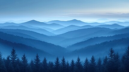 Serene Blue Mountains Under Soft Dawn Light with Layered Hills and Pine Silhouettes