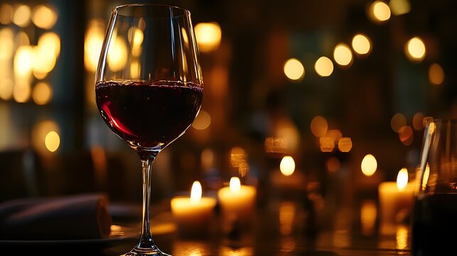 glass of deep red Bordeaux wine, candlelit fine dining setting