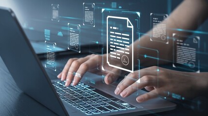 Obraz premium The artwork features a futuristic holographic interface on a laptop keyboard, symbolizing electronic document management and digital paperwork, with a cool blue glow.