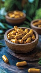 Turmeric capsules, wooden bowl, foliage