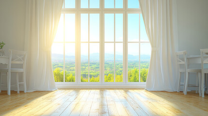 Sunlight streams in, highlighting the wood floor.