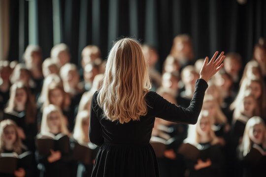 A blonde female vocalist in a black dress raising her hand conducts a choir in front of music school students seen from behind