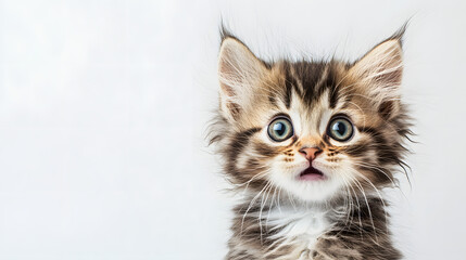 Realistic close-up of a funny tiny kitten with a cute shocked expression, fur standing up, ultra-detailed, white background