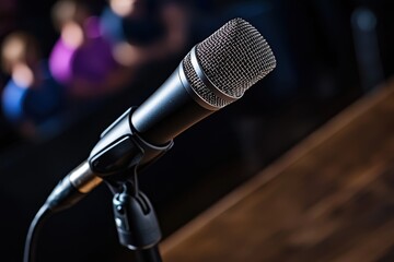 A close-up of a classic microphone on stage, bathed in soft lighting, creating a sense of anticipation and focus on the voice that will be heard.