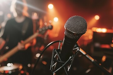 Microphone on stage with band in background, bathed in warm orange stage lighting, creating a vibrant and energetic atmosphere for a live performance.