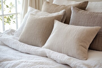 Serene Bedroom Setting Featuring Muted Earth Tone Decorative Pillows Arranged on a Crinkled White Linen Bedding with Natural Light