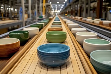 A diverse assortment of ceramic bowls in various colors gracefully align on a production conveyor, exemplifying efficient manufacturing processes within a pottery factory environment.