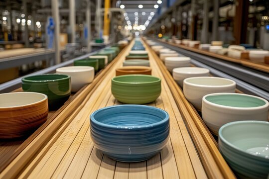 A diverse assortment of ceramic bowls in various colors gracefully align on a production conveyor, exemplifying efficient manufacturing processes within a pottery factory environment.