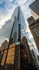 Naklejka premium Captivating Skyscraper Reflections: Modern Glass Tower Meets Historic Architecture Under Cloudy Skies - Urban Grandeur & Architectural Diversity Photography.