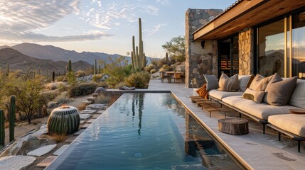 Obraz premium Serene Desert Oasis: A Luxury Home with Infinity Pool Overlooking the Mountain Vista and Saguaro Cactus Landscape