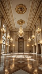 Opulent Ballroom Interior with Crystal Chandeliers and Reflective Parquet Floor