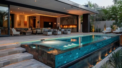 Serene Evening Ambiance at a Modern Luxury Home with an Infinity Pool and Outdoor Living Space Featuring a Cozy Fireplace