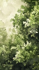 Fototapeta premium Serene Forest Canopy Watercolor Illustration with Lush Green Leaves and Delicate White Highlights Creating a Peaceful Natural Scene