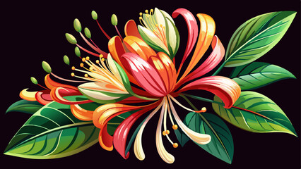 blossom, floral, closeup, vibrant colors, black background, close-up, summer, A vibrant blooming honeysuckle flower with intricate details stands out against a dark black