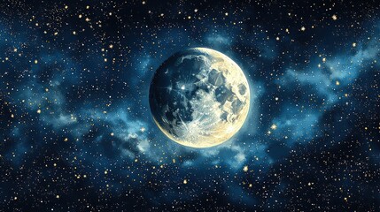 Naklejka premium Stunning Night Sky Featuring a Bright Moon Surrounded by Stars and Cosmic Clouds