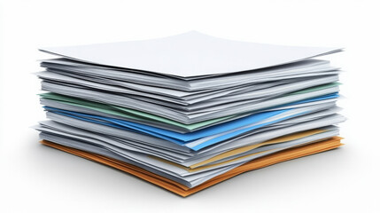 A neat stack of various colored papers or folders on a white background, symbolizing organization and paperwork management.