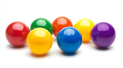 Fototapeta premium Seven vibrant and colorful glossy plastic balls arranged in a line against a clean white backdrop, creating a visually appealing spectrum of primary and secondary hues