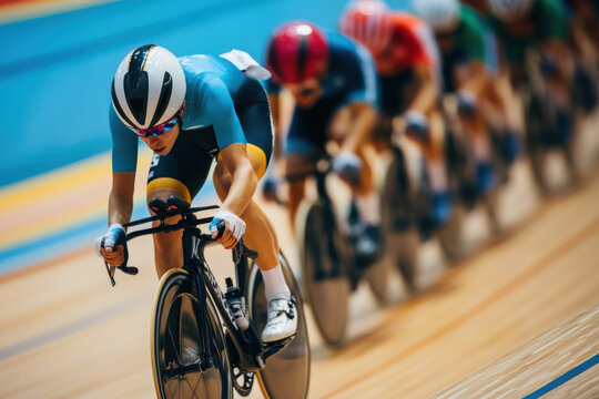 Track cycling team riding in velodrome