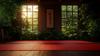 serene jiu jitsu dojo featuring three red mats on wooden floor, surrounded by lush greenery and large windows that let in natural light, creating peaceful atmosphere