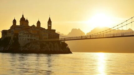 Fototapeta premium Golden hour sunset over a monastery island with a bridge.