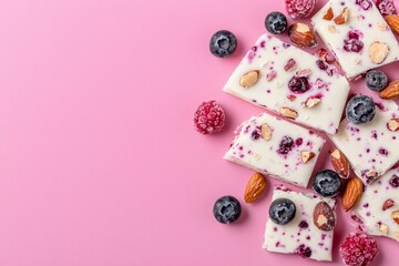 A colorful assortment of yogurt bark topped with berries and nuts, set against a vibrant pink background.