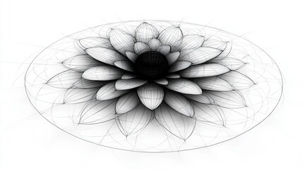 Obraz premium Intricate 3D Flower Structure with Geometric Patterns and Black Lines on White Background