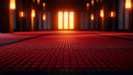 serene Japanese dojo featuring vibrant red tatami mats, illuminated by warm lanterns, creates tranquil atmosphere for martial arts practice