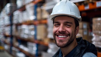 Smiling warehouse worker in hardhat stands in front of blurred shelves, showcasing expertise and reliability within the storage environment.