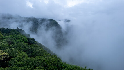 Obraz premium Aerial view of lush green mountains enveloped in thick mist, creating a mystical and serene atmosphere. The rolling hills and foggy peaks give a dramatic and cinematic feel to the landscape.