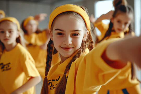 Group of young girls and boys perform choreographic exercises and teach energetic breakdancing waacking together