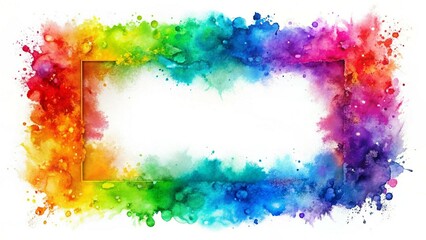 Vibrant rainbow watercolor frame with fluid splashes and gradients on white, perfect for creative designs