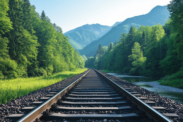 Fototapeta premium serene summer landscape featuring train tracks surrounded by lush green forests and mountains in background, evoking sense of tranquility and adventure