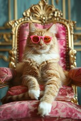 Fototapeta premium Sophisticated ginger cat with pink sunglasses rests regally on an ornate golden throne, radiating elegance and peculiar charm with a teal backdrop