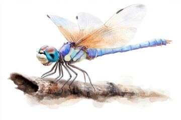 Dragonfly resting on a branch nature watercolor art close-up view