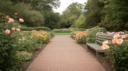 Obraz premium Serene Garden Path with Blooming Roses and Wooden Bench