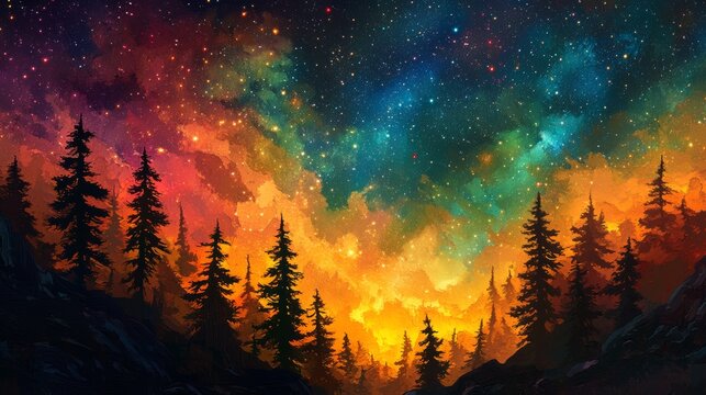 Spectacular celestial canvas with vivid colors in an imaginative representation of a dense forest under a starry, milky way sky