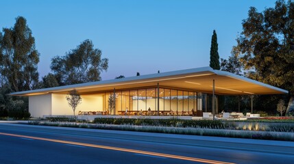 Modern Restaurant Building Dusk Landscape Design
