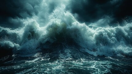 Spectacular seascape with powerful sea wave crashing under a dramatic cloudy sky, showcasing raw energy and coastal beauty