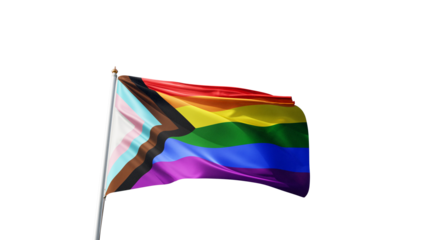 progress pride flag on a transparent background, waving in the wind, lgbt flag with no background, tall flagpole, lgbtqia, queer, symbol of the gay pride, tolerance, love, transparent png, alpha