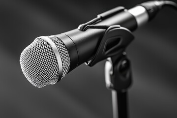 Close up of a dynamic microphone on a stand, perfect for vocal recordings and live sound, showcasing intricate mesh details and professional audio equipment design.