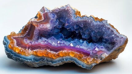Obraz premium Striking Agate Geode Formation Showcasing Intricate Crystal Structures and Vibrant Color Banding Against a Plain Background, Mineralogy Sample