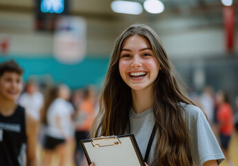 A young woman with long hair beams with excitement while holding a clipboard at a gym event. A lively atmosphere surrounds her, with athletes engaged in various activities in the background