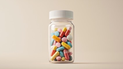 Detailed render of a clear glass medicine bottle filled with pills for product displays.