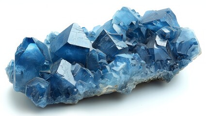 Fototapeta premium Stunning Blue Crystal Cluster Formation Exhibiting Sharp Geometric Shapes and Glossy Surfaces on a Seamless White Background, A Geological Wonder