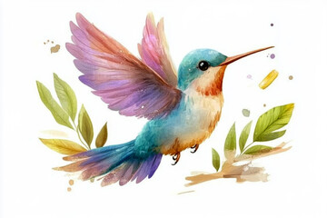 Fototapeta premium Vibrant hummingbird in flight colorful watercolor nature scene